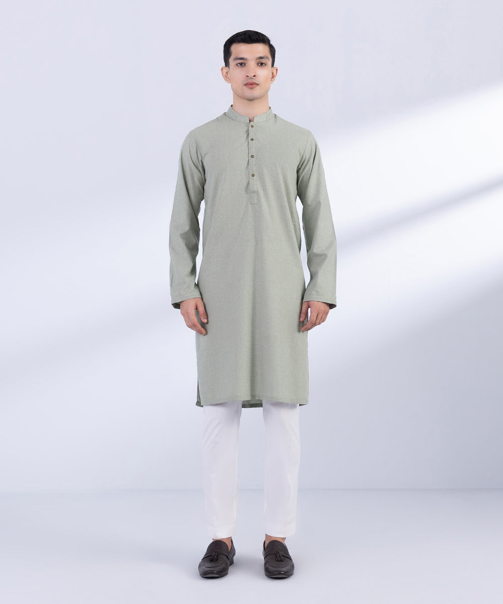 Men's Stitched Dull Green Wash & Wear Kurta