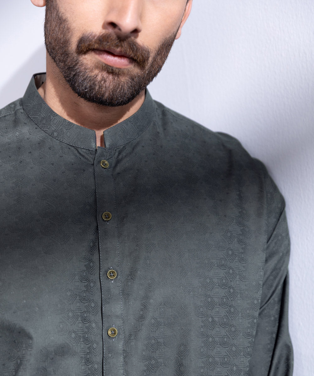 Men's Stitched Charcoal Cotton Jacquard Kurta