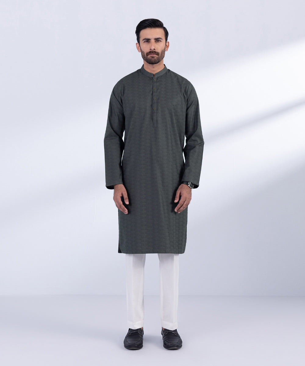 Men's Stitched Charcoal Cotton Jacquard Kurta