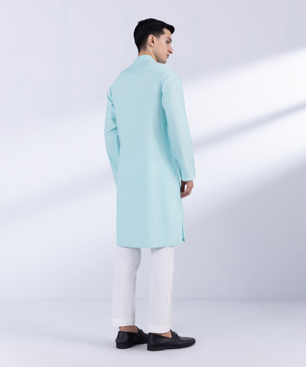 Men's Stitched Aqua Cotton Jacquard Kurta