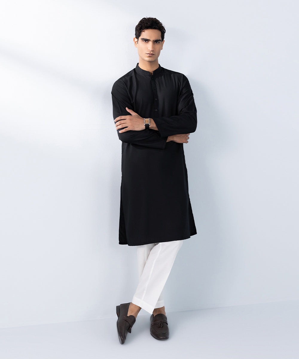 Men's Stitched Black Wash & Wear Kurta 