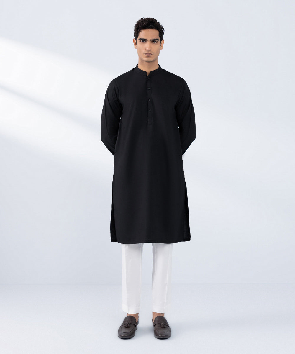 Men's Stitched Black Wash & Wear Kurta 