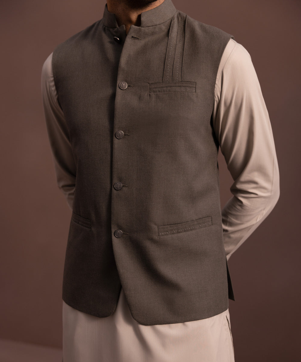 Men's Stitched Olive Premium Wash & Wear Waistcoat