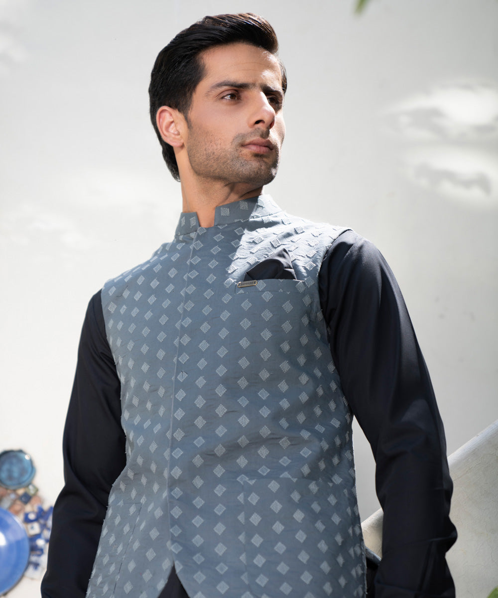 Men's Unstitched Schiffli Emb Kurta Grey Kurta Fabric