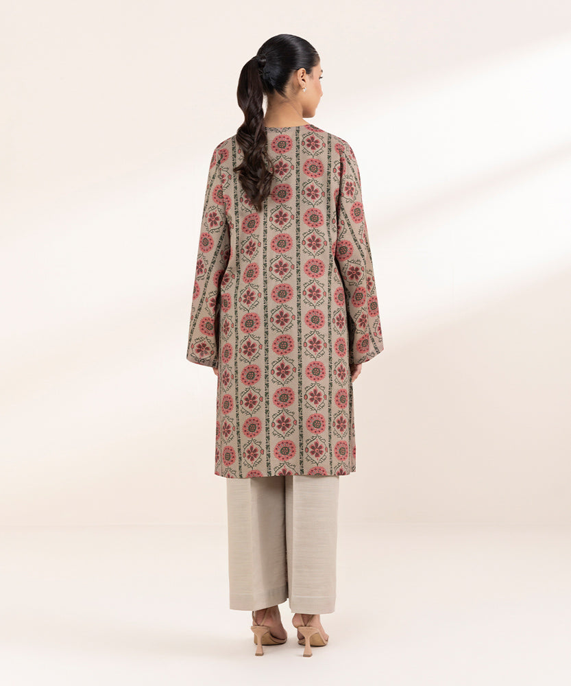 Women's Pret Printed Fawn Brown Linen Boxy Shirt