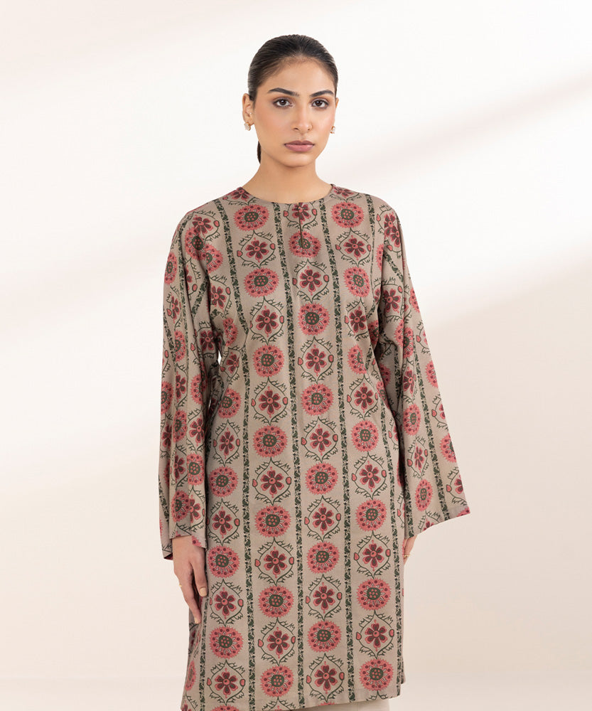 Women's Pret Printed Fawn Brown Linen Boxy Shirt