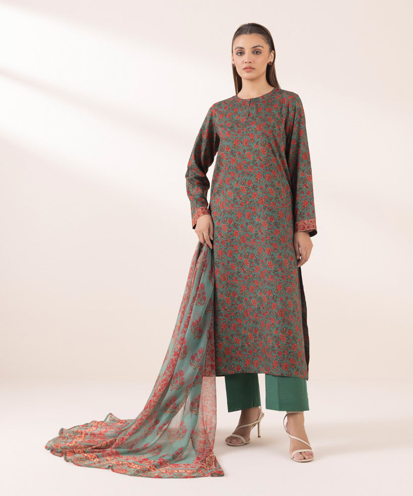 Women's Pret Printed Grass Green Blended Chiffon Dupatta