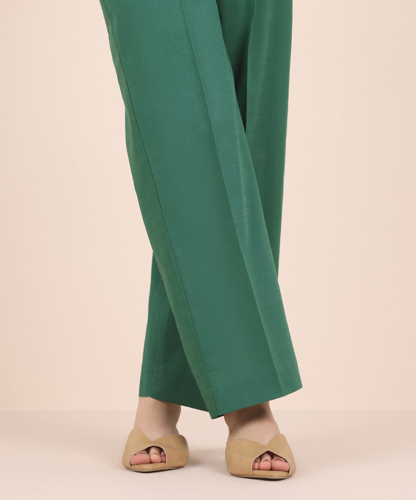 Women's Pret Solid Grass Green Khaddar Straight Trousers