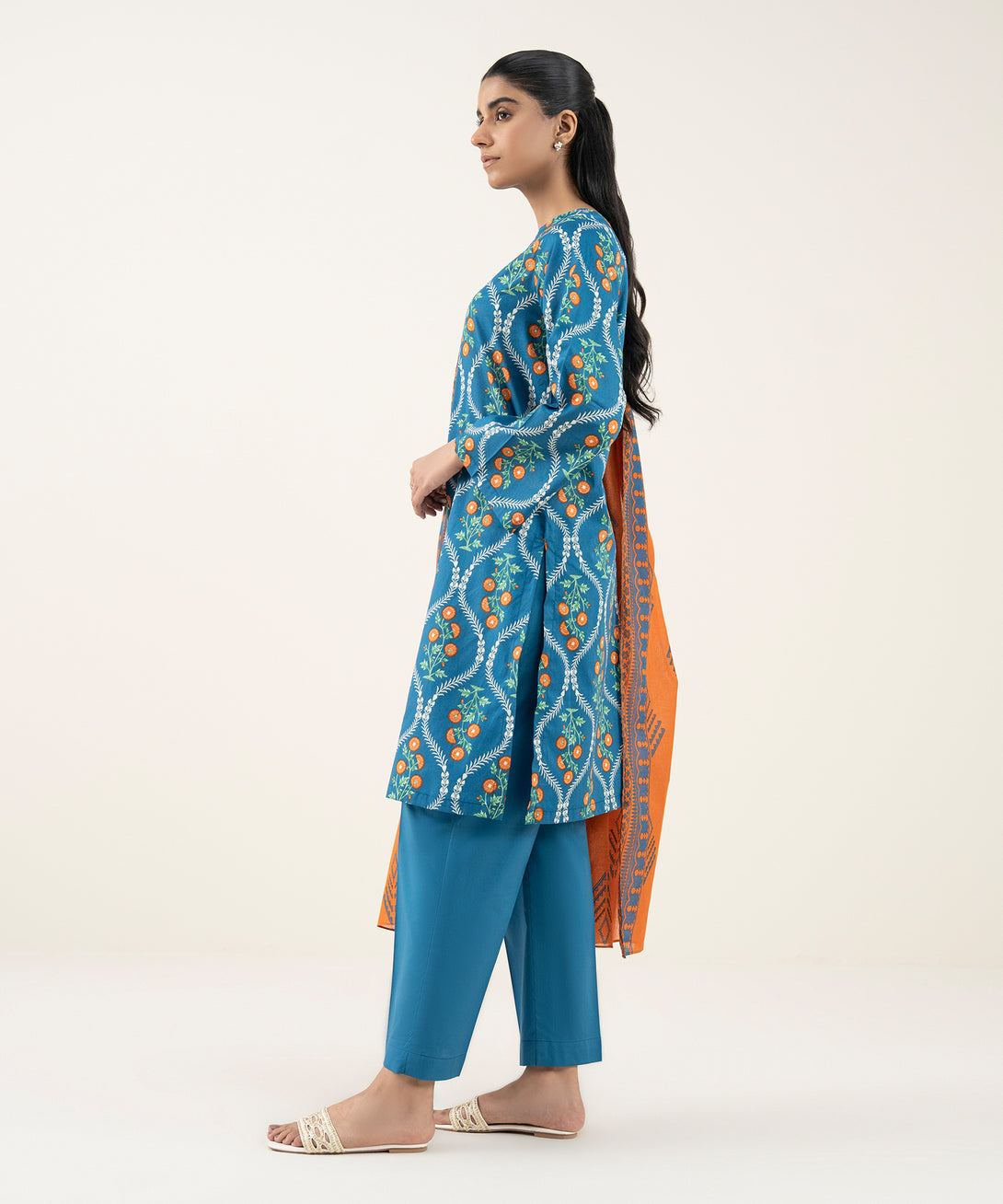 Women's Unstitched Lawn Printed Blue 3 Piece Suit