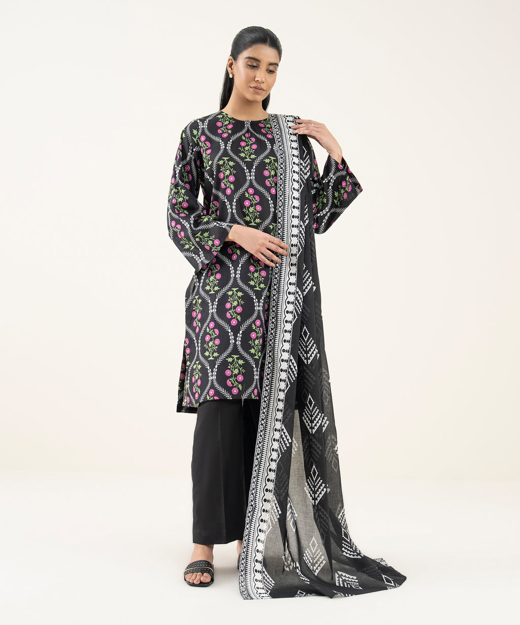 Women's Unstitched Lawn Printed Black 3 Piece Suit