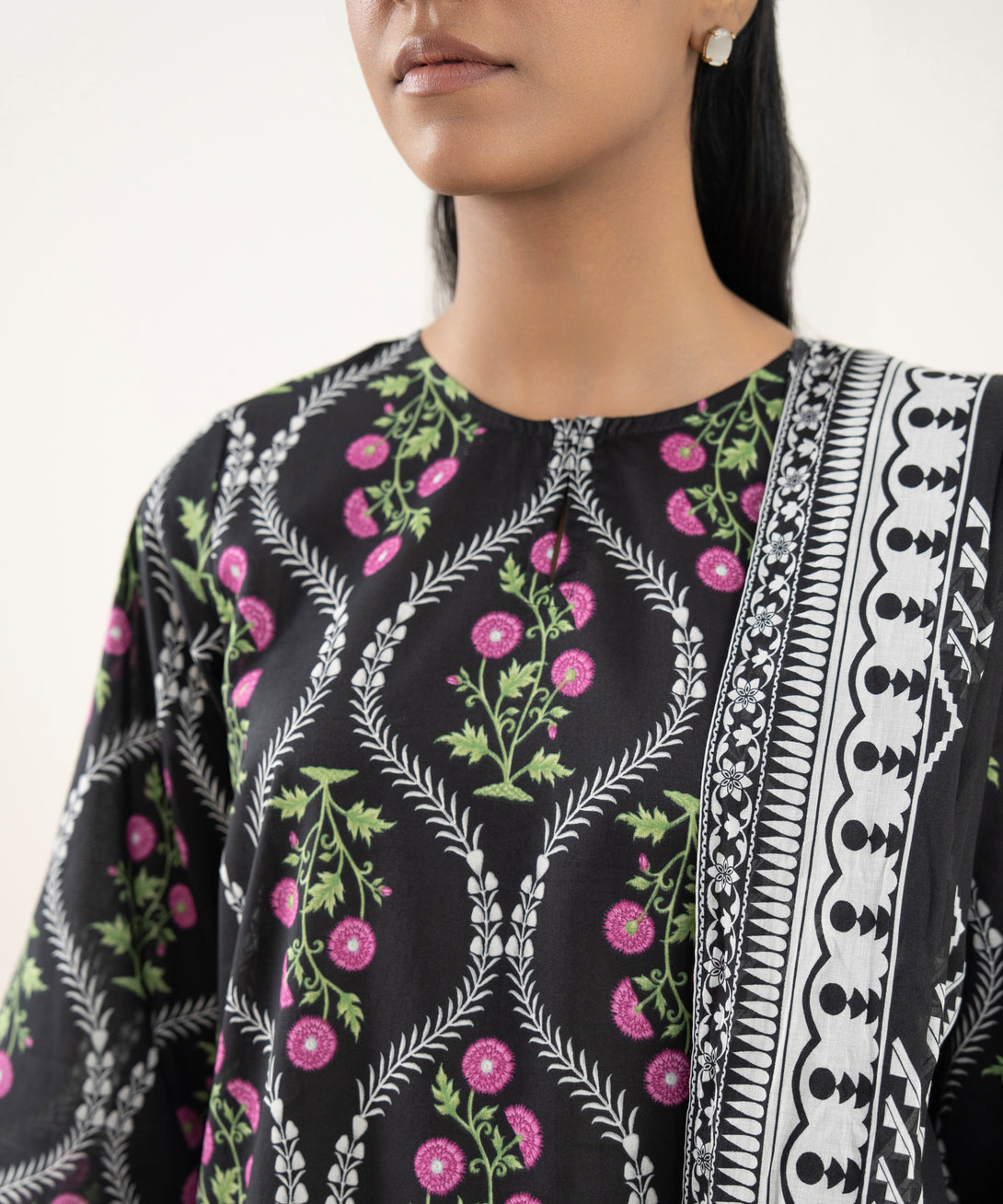 Women's Unstitched Lawn Printed Black 3 Piece Suit
