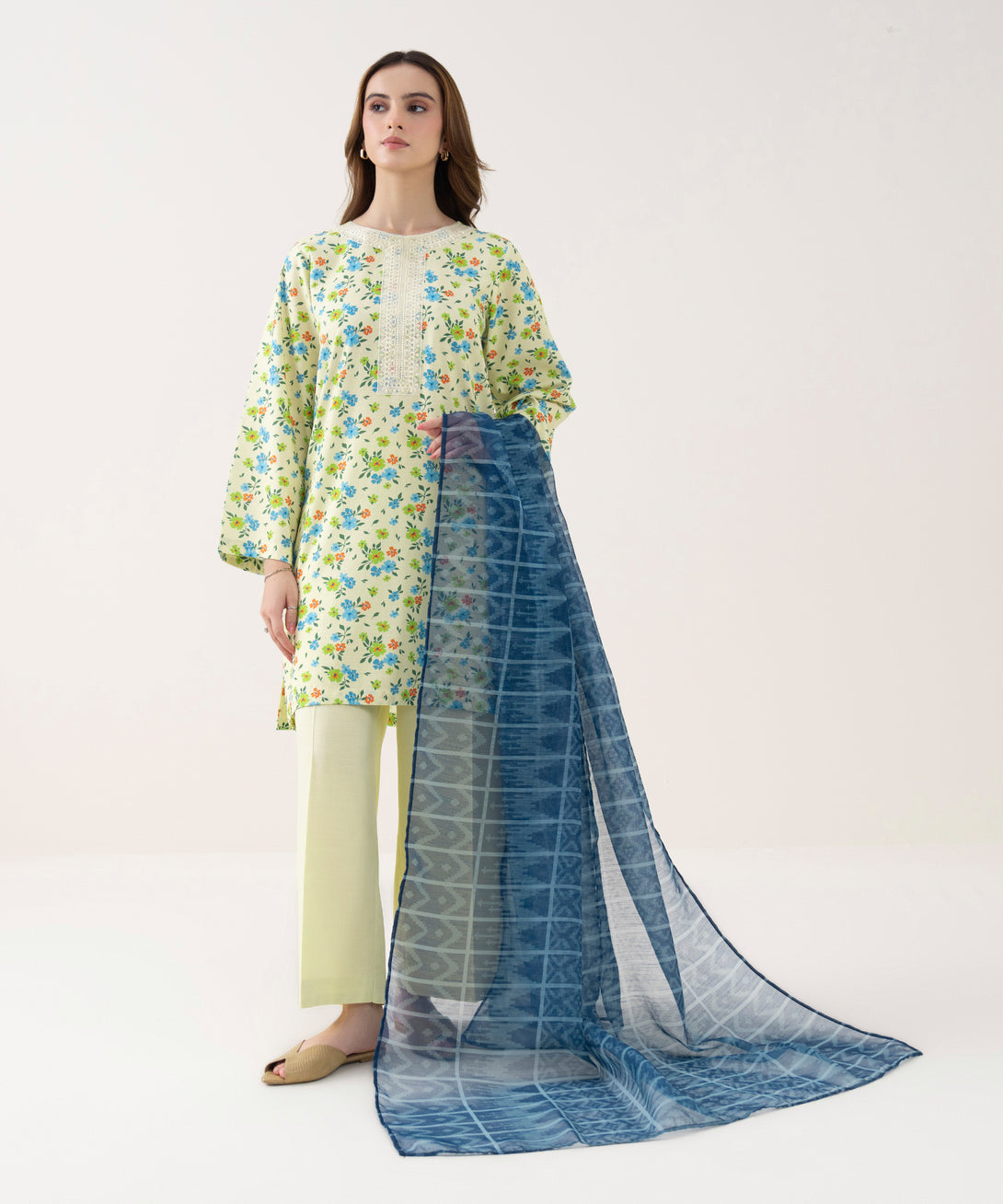 Blended Textured Karandi Printed Blue Dupatta