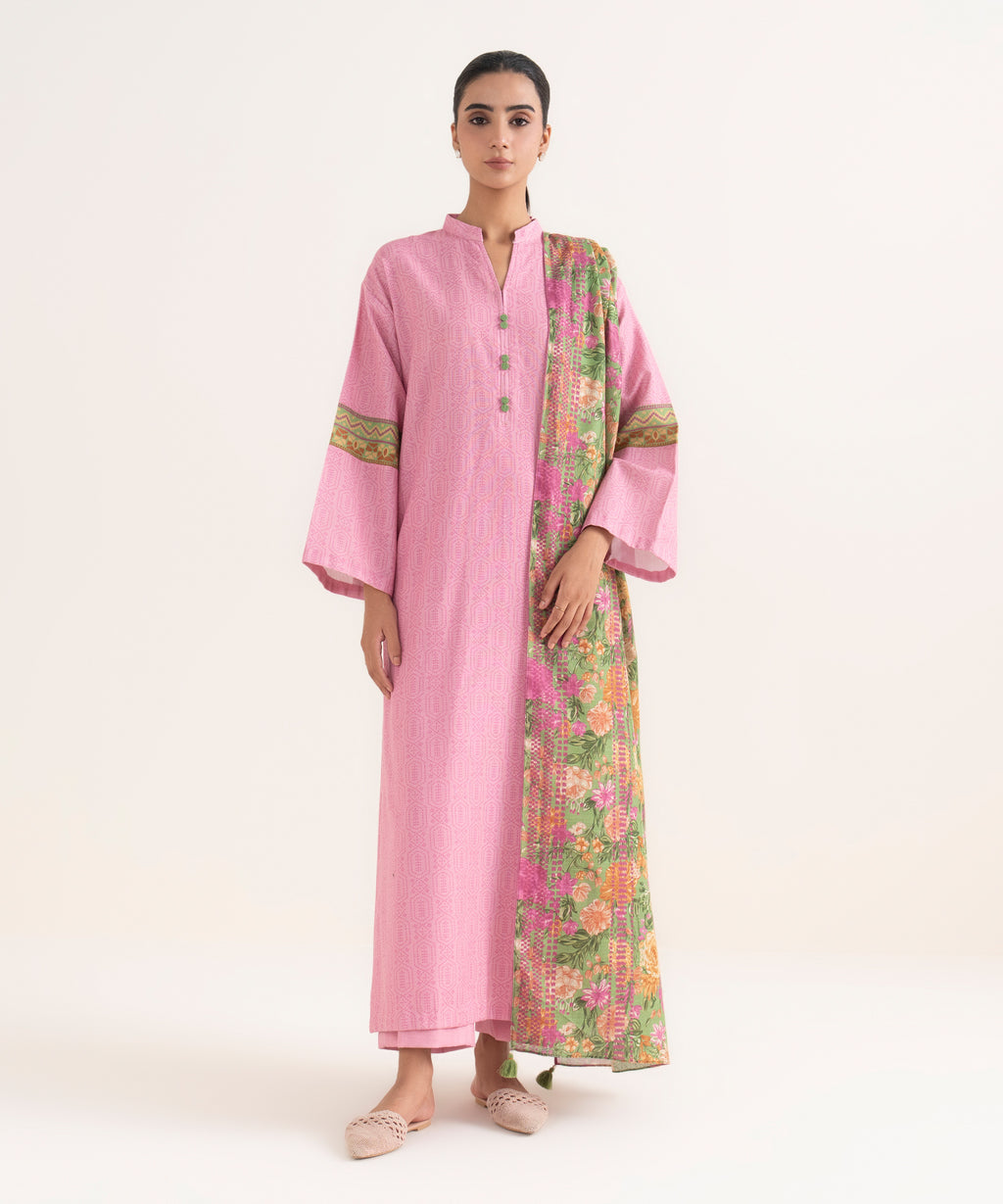 Women's Unstitched Lawn Printed Pink Three Piece Suit