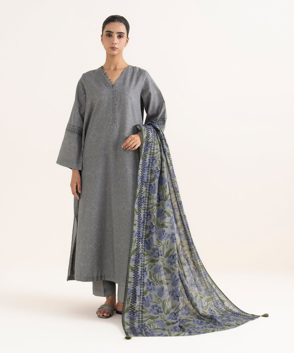 Women's Unstitched Lawn Printed Grey Three Piece Suit