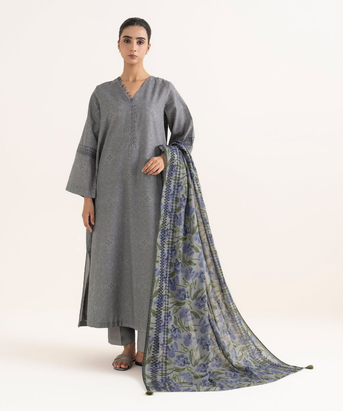 Women's Unstitched Lawn Printed Grey Three Piece Suit