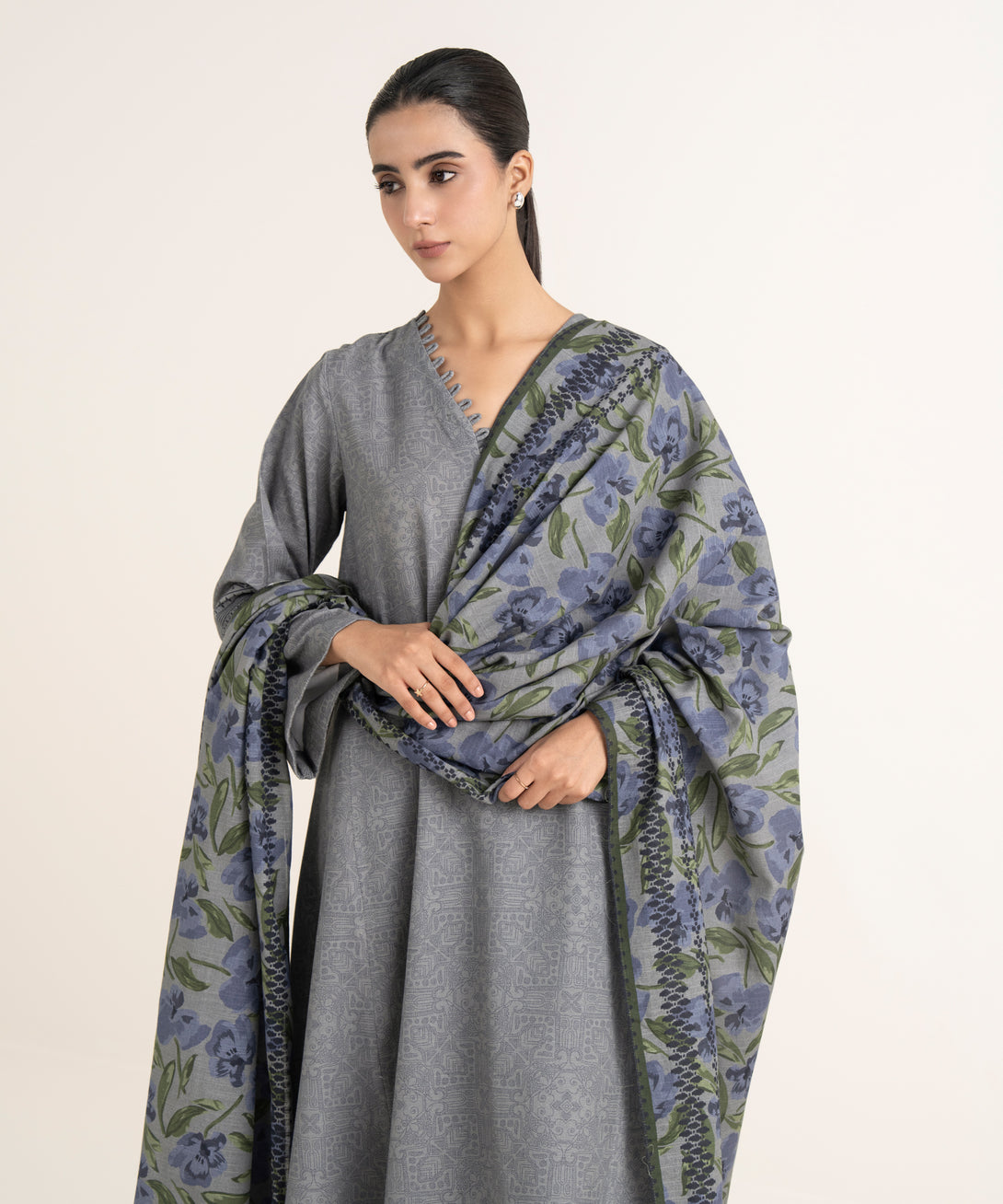 Women's Unstitched Lawn Printed Grey Three Piece Suit