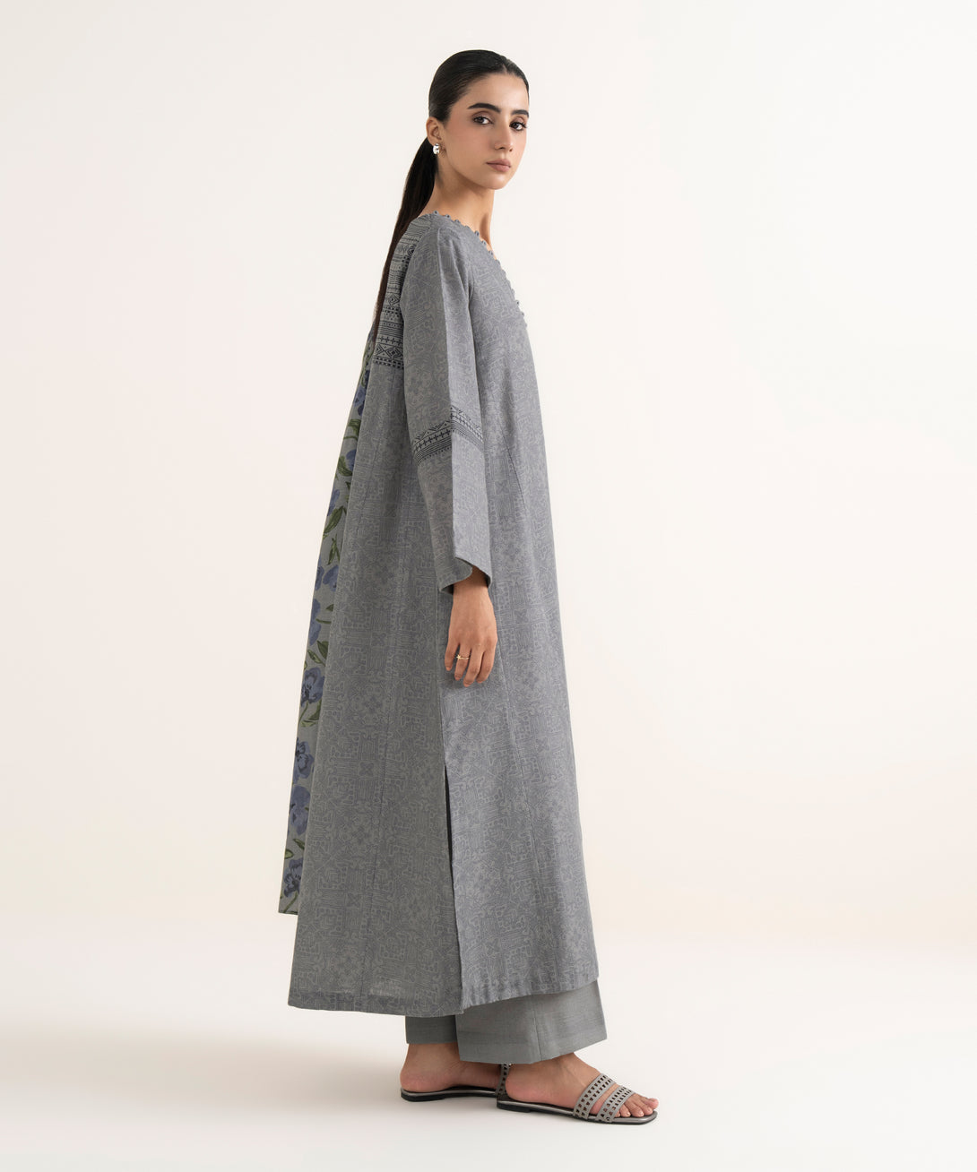 Women's Unstitched Lawn Printed Grey Three Piece Suit