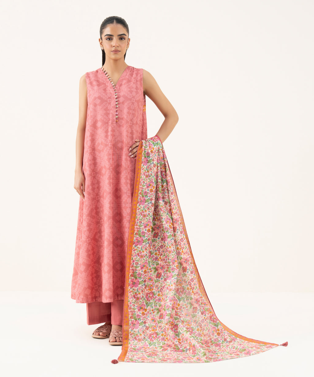 Women's Unstitched Lawn Printed Pink Three Piece Suit