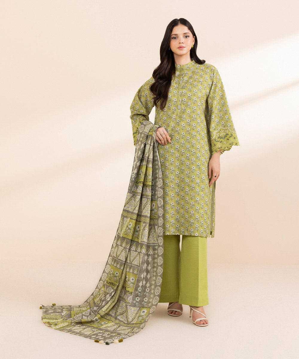 Women's Unstitched Cambric Embroidered Green 3 Piece Suit