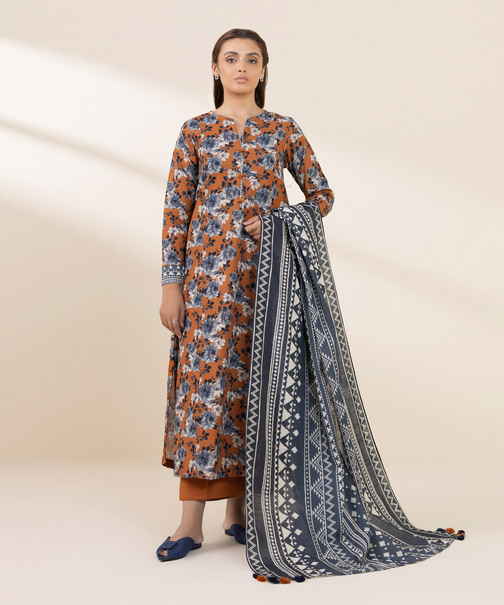 Women's Unstitched Khaddar Printed Multi 3 Piece Suit