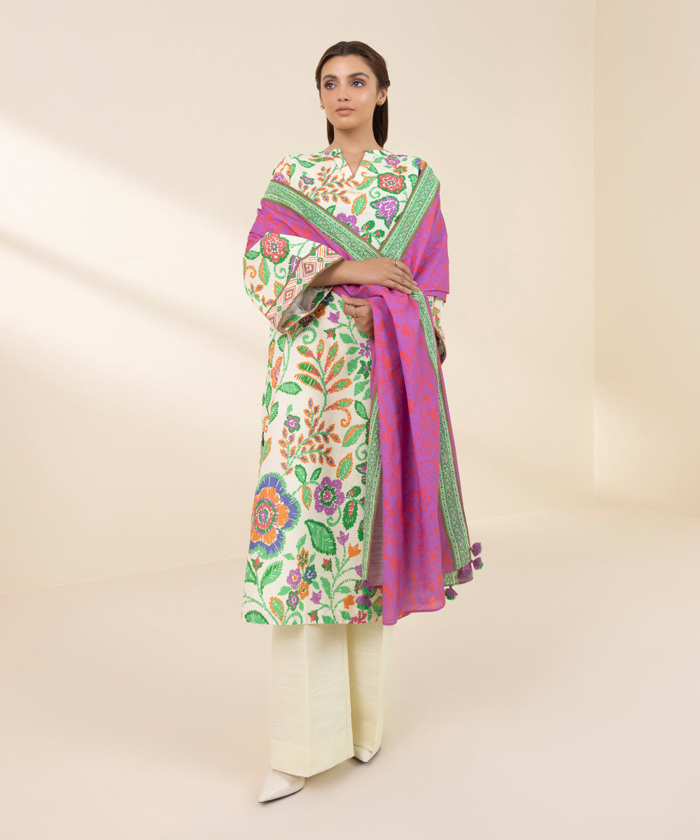 Women's Unstitched Khaddar Printed Multi 3 Piece Suit