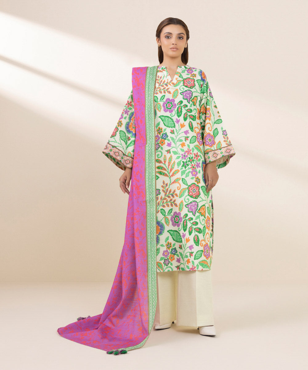 Women's Unstitched Khaddar Printed Multi 3 Piece Suit