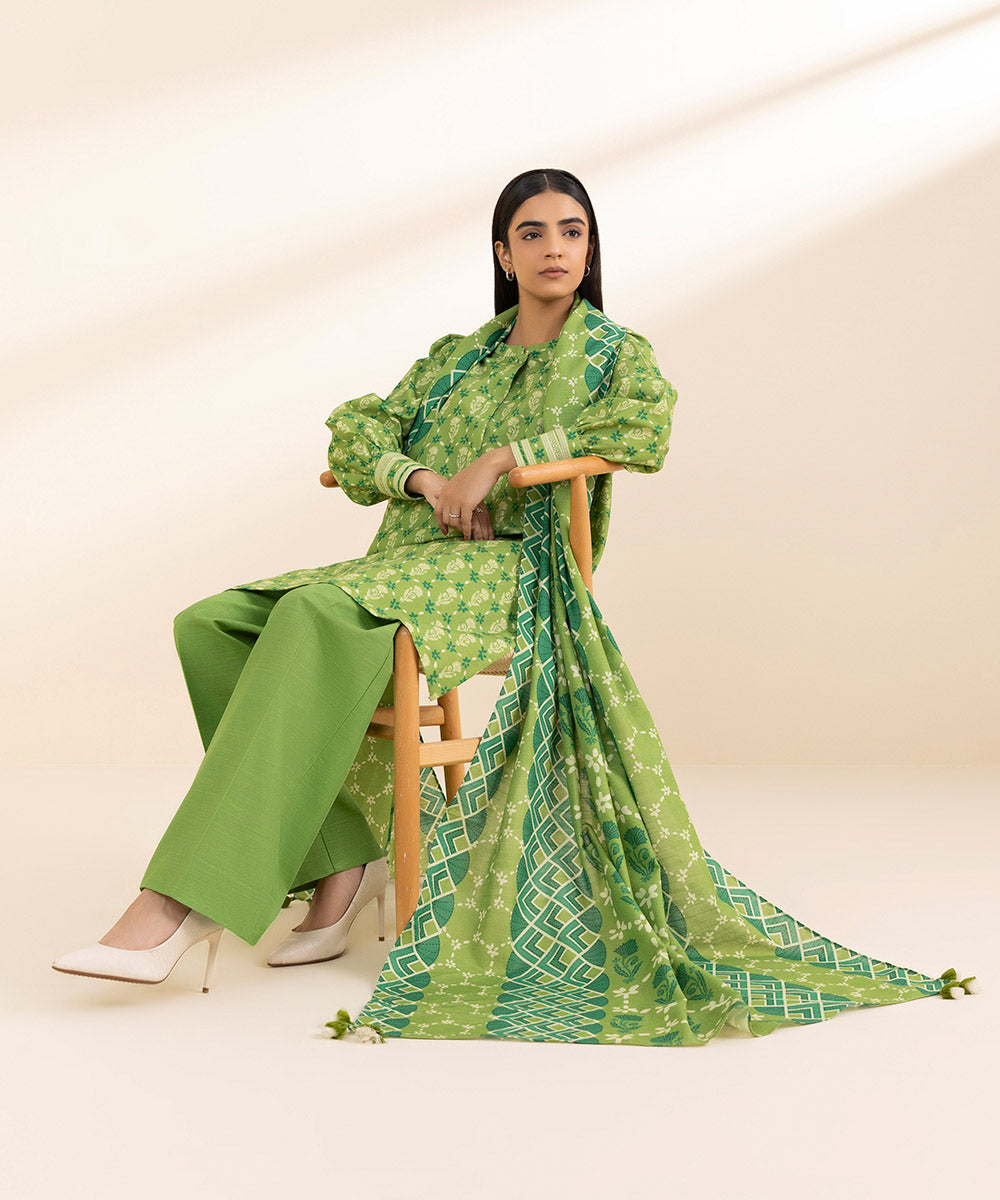 Women's Unstitched Khaddar Printed Green 3 Piece Suit