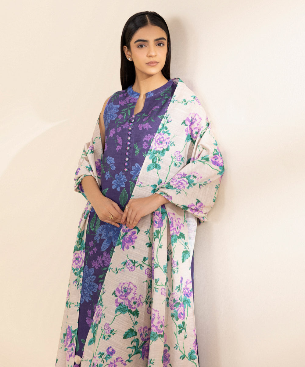 Women's Unstitched Khaddar Printed Purple 3 Piece Suit