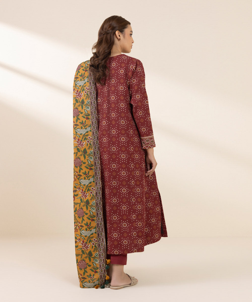 Women's Unstitched Khaddar Printed Red 3 Piece Suit