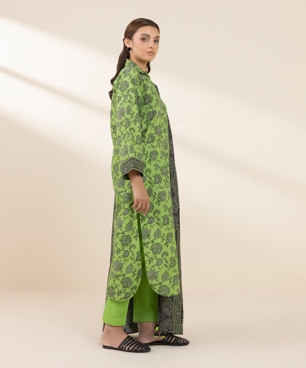 Women's Unstitched Khaddar Printed Green 3 Piece Suit