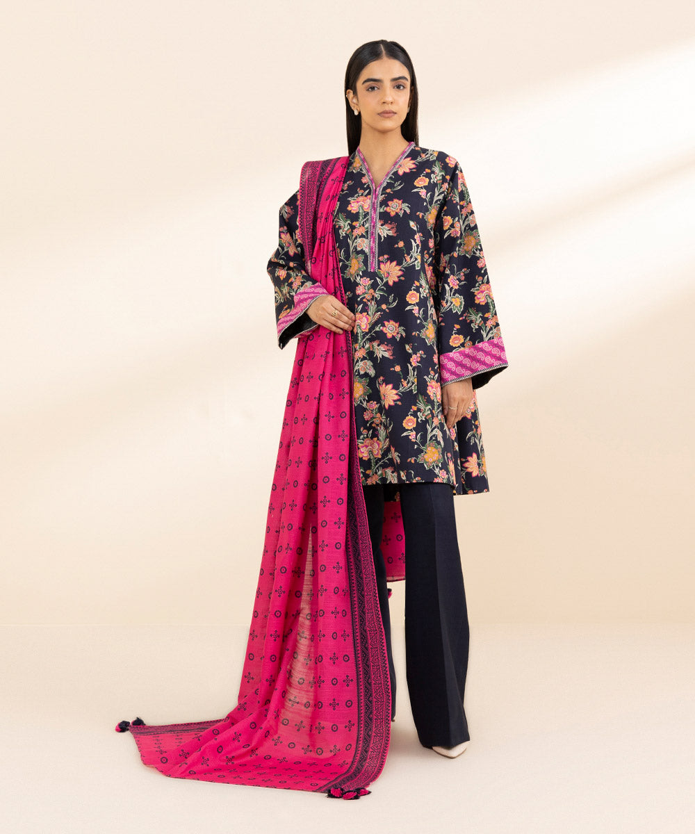 Women's Unstitched Khaddar Printed Multi 3 Piece Suit