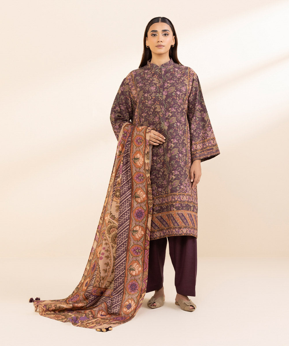 Women's Unstitched Khaddar Printed Multi 3 Piece Suit