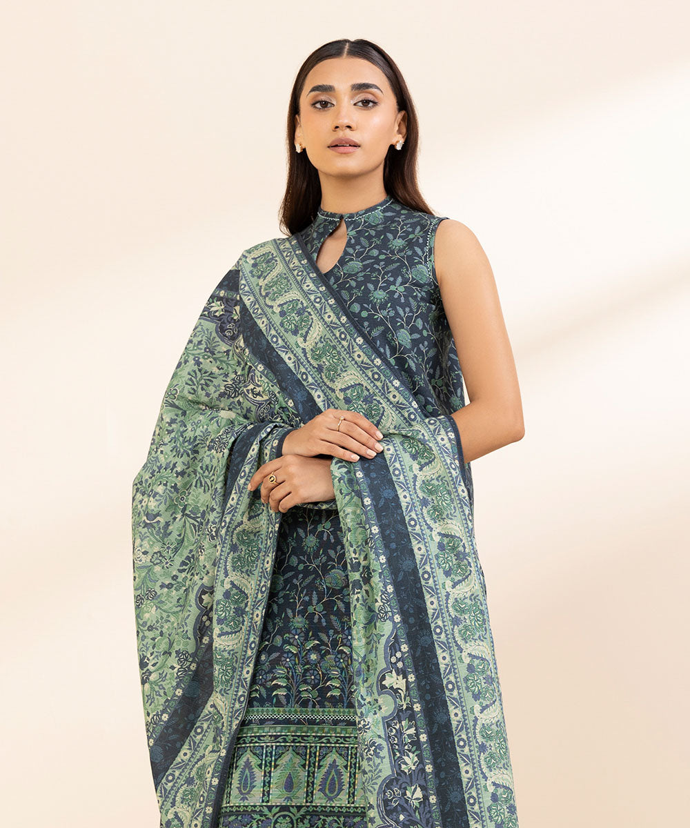 Women's Unstitched Khaddar Printed Blue 3 Piece Suit