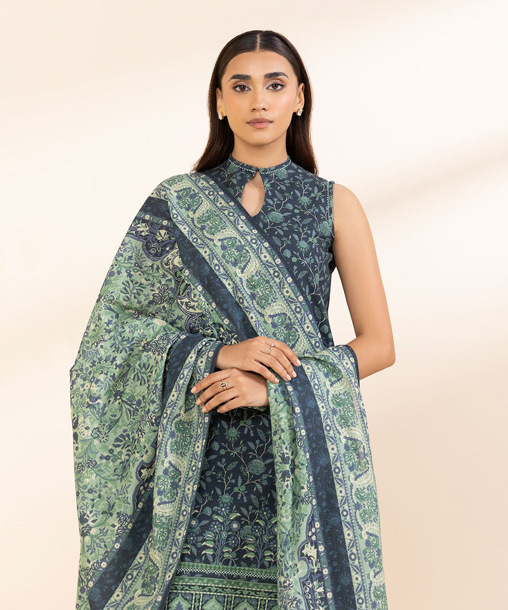 Women's Unstitched Khaddar Printed Blue 3 Piece Suit