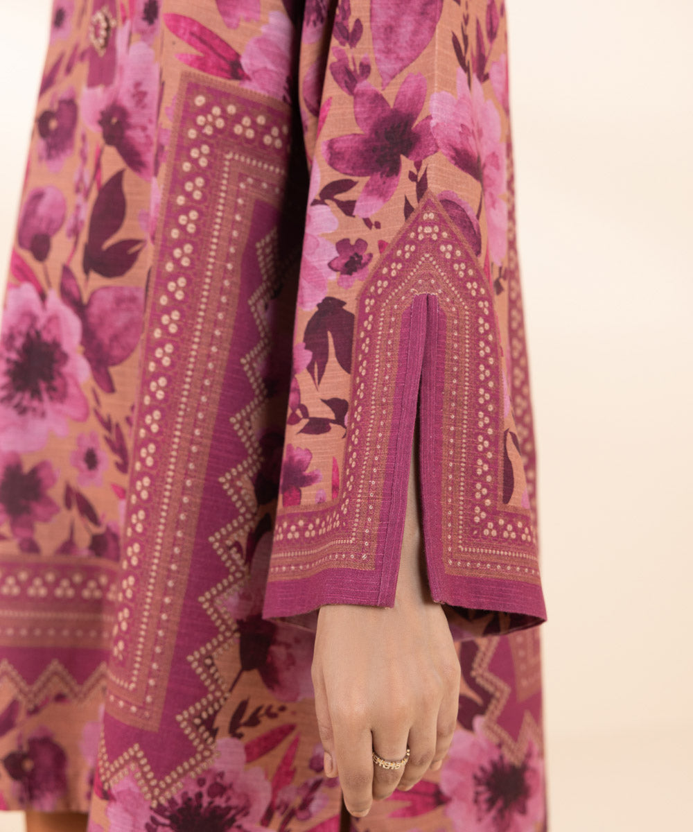 Women's Unstitched Khaddar Printed Pink 3 Piece Suit