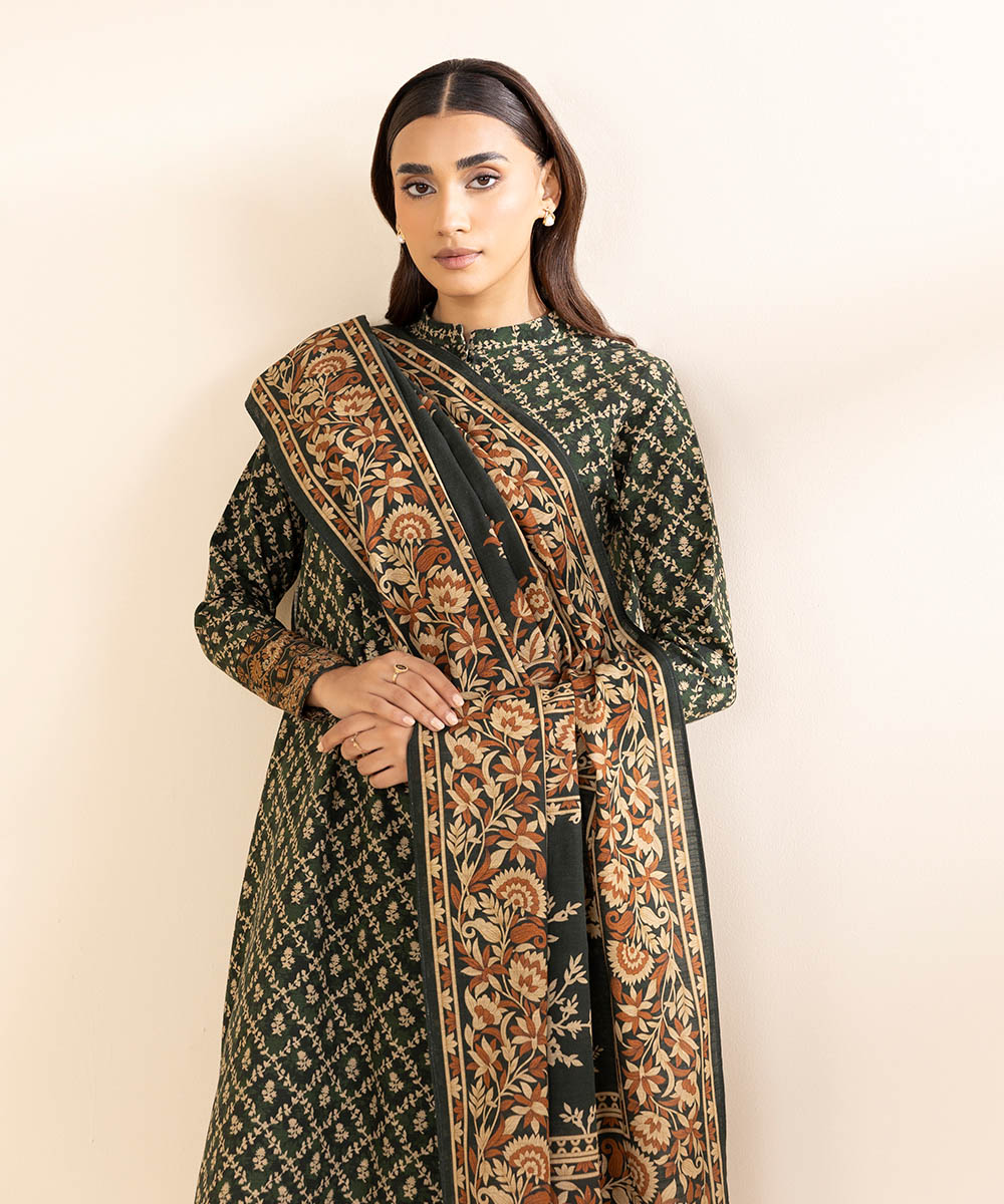 Women's Unstitched Khaddar Printed Green 3 Piece Suit