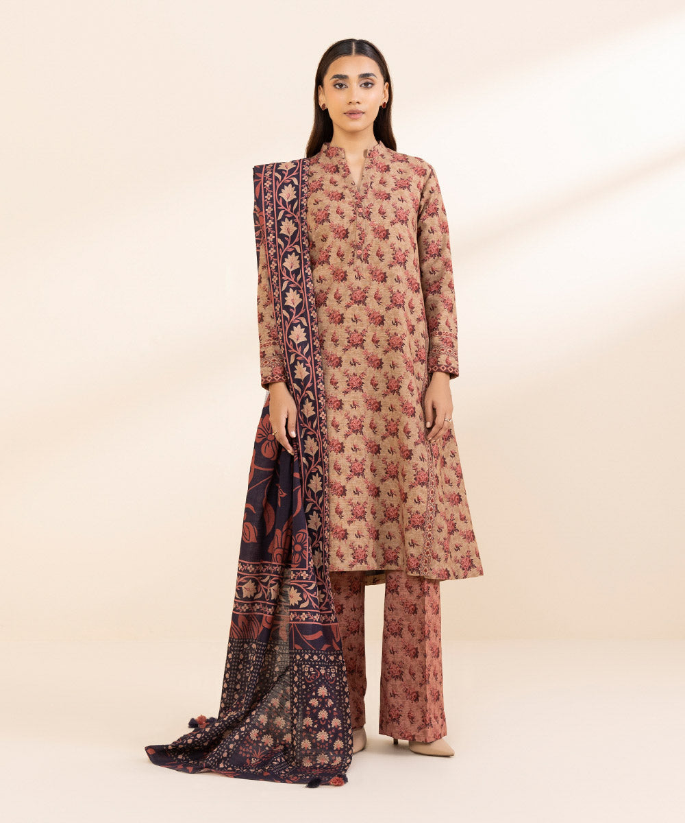 Women's Unstitched Khaddar Printed Multi 3 Piece Suit