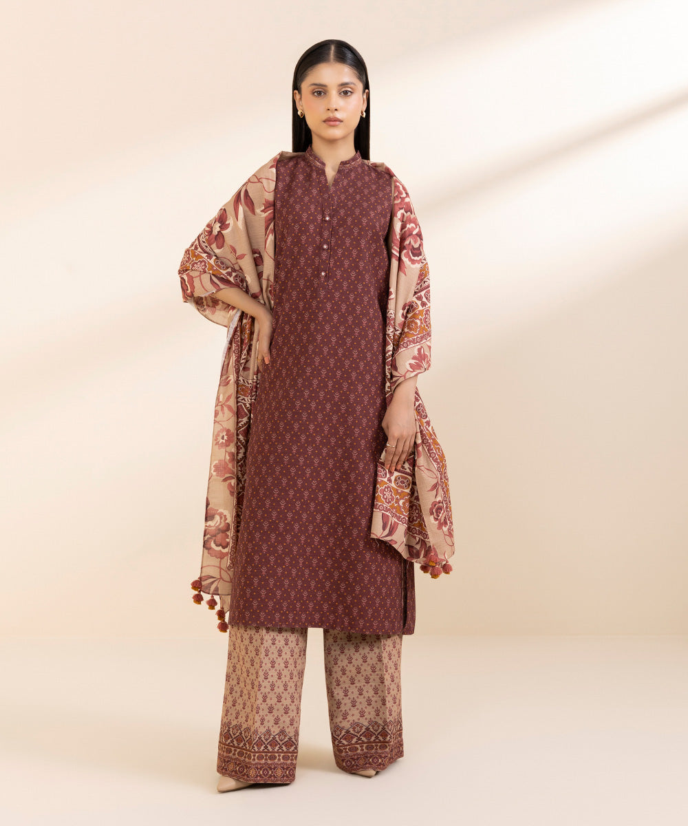 Women's Unstitched Khaddar Printed Red 3 Piece Suit