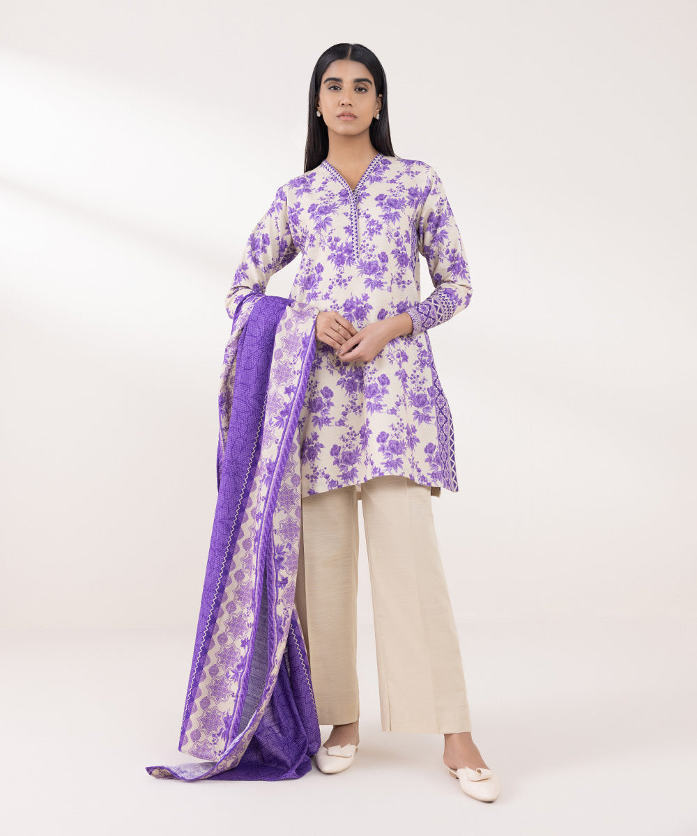 Women's Unstitched Khaddar Printed Purple 3 Piece Suit