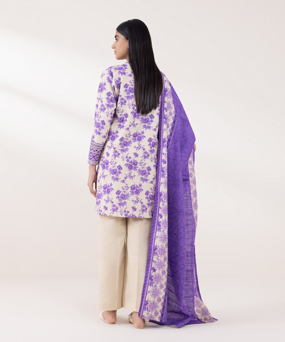 Women's Unstitched Khaddar Printed Purple 3 Piece Suit