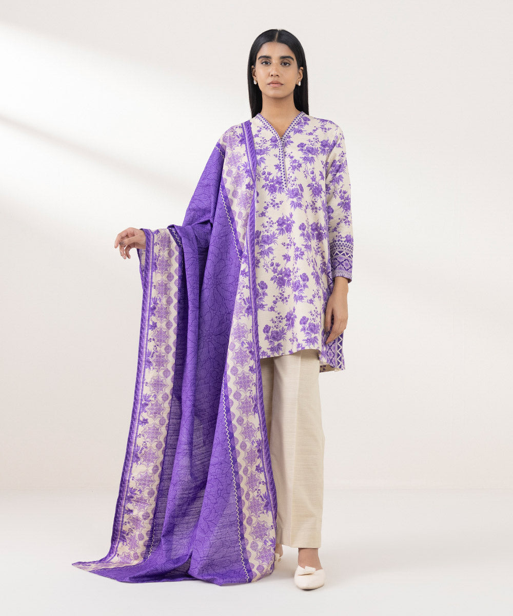 Women's Unstitched Khaddar Printed Purple 3 Piece Suit