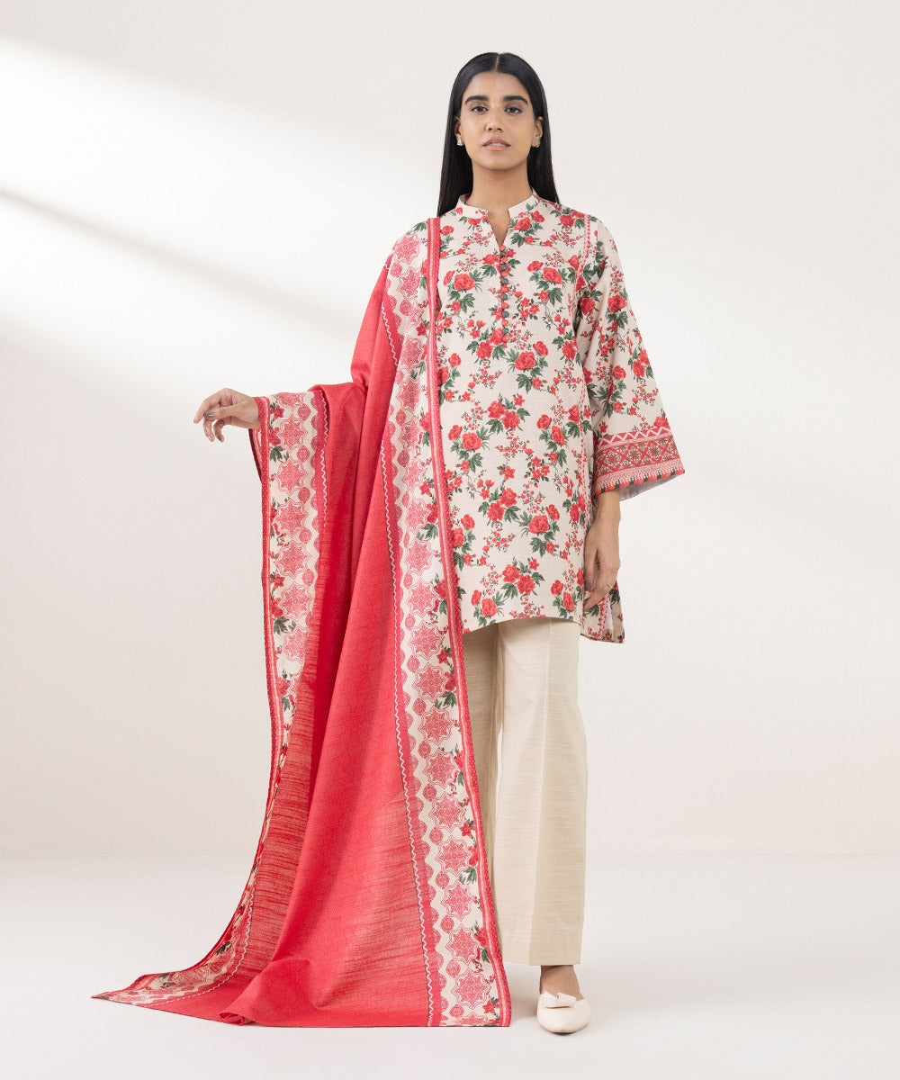 Women's Unstitched Khaddar Printed Multi 3 Piece Suit