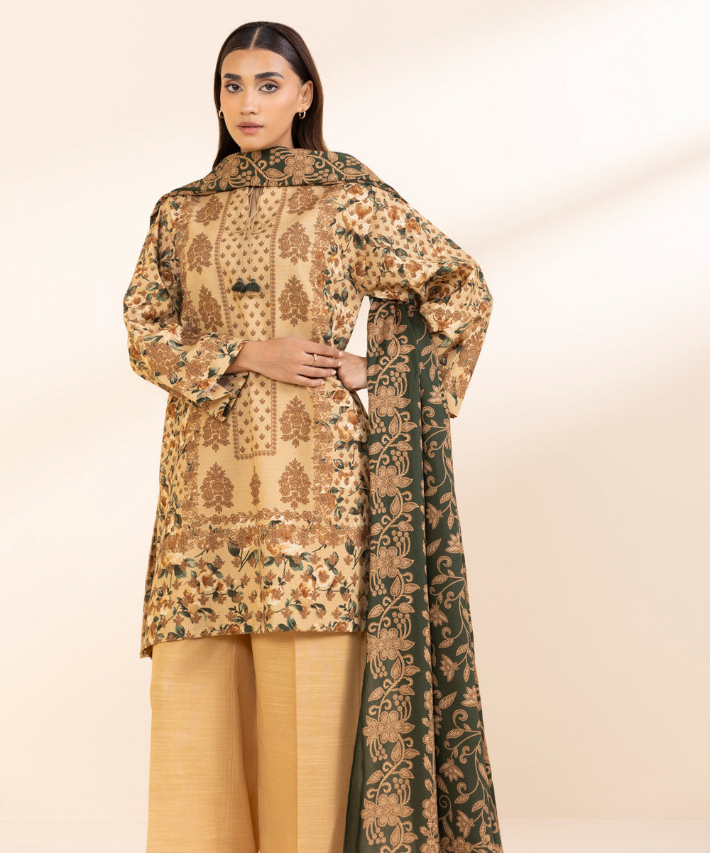 Women's Unstitched Khaddar Printed Multi 3 Piece Suit