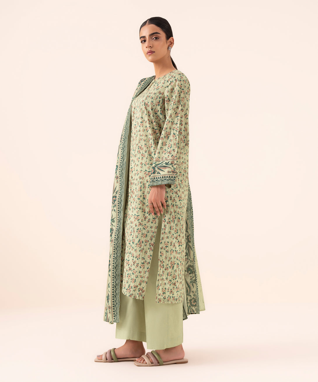 Women's Unstitched Cotton Printed Beige Three Piece Suit