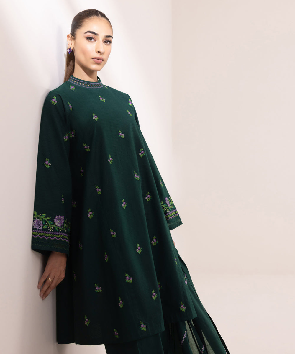 Women's Unstitched Dobby Embroidered Green 3 Piece Suit