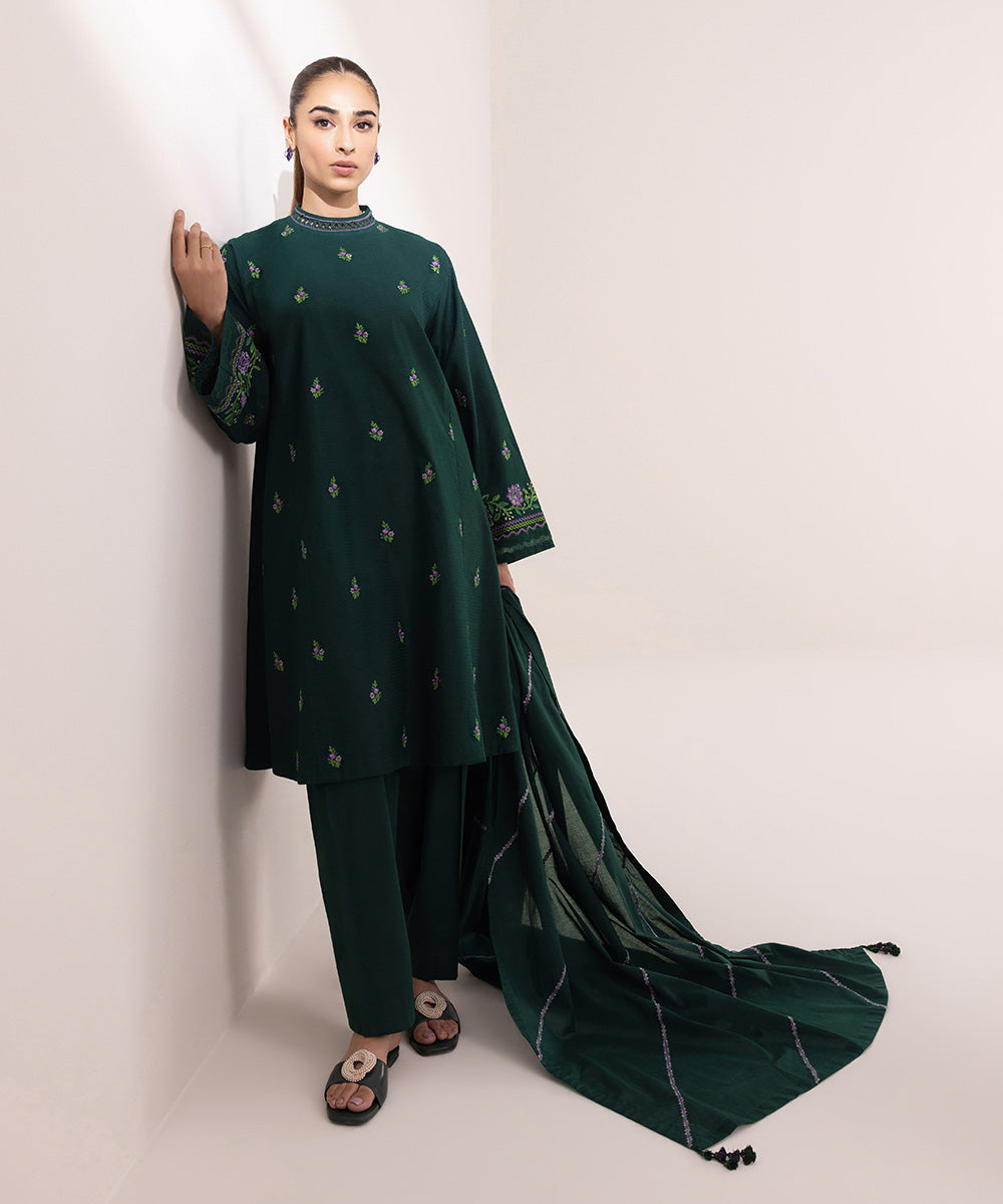 Women's Unstitched Dobby Embroidered Green 3 Piece Suit