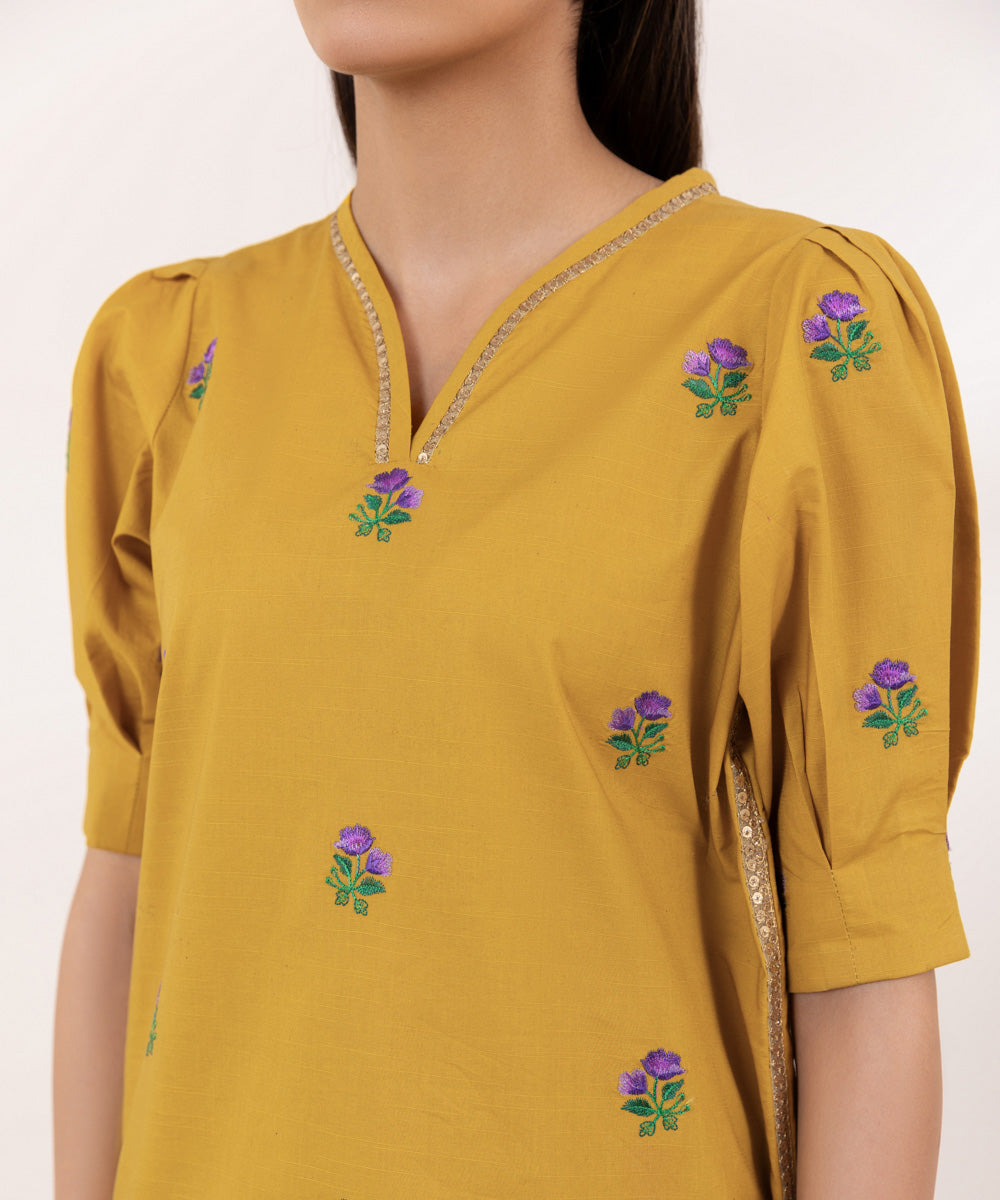 Women's Unstitched Slub Cambric Embroidered Yellow 3 Piece Suit