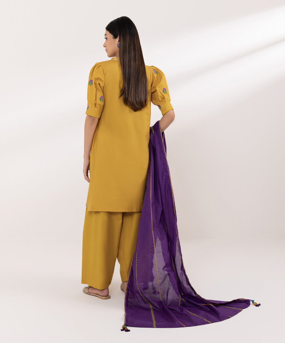 Women's Unstitched Slub Cambric Embroidered Yellow 3 Piece Suit