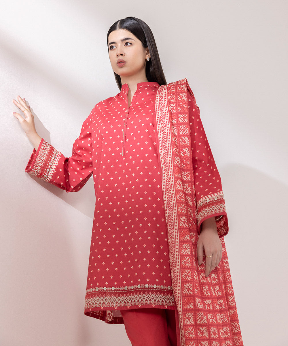 Women's Unstitched Slub Cambric Embroidered Red 3 Piece Suit