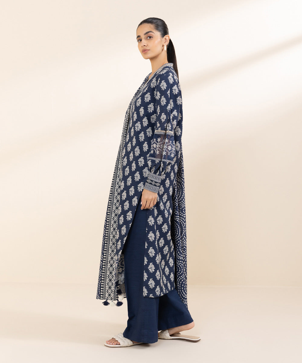 Women's Unstitched Khaddar Blue Embroidered 3 Piece Suit 